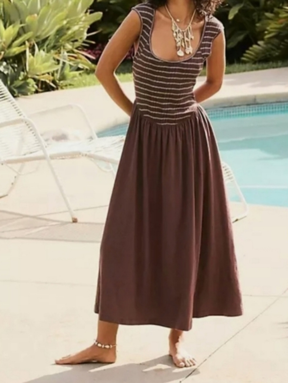 NEW Free People FP Beach Alana Open-Back Brown White Stripe Boho Midi Dress NWOT